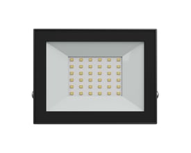 SpectrumLEDs sorte 30 W IP65-projektør set lige forfra med LED-elementerne synlige bag frontglasset.