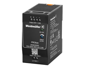 Frontvisning af Weidmüller PRO BAS 90W strømforsyning, der viser output på 24V 3.8A, DC OK-indikator og justeringsmuligheder.
