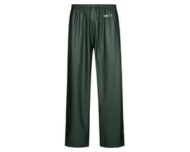 Grønne regnbukser Lyngsøe Rainwear LR41 i størrelse S med elastisk talje og lige ben.