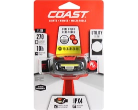 Coast FL13R genopladelig pandelampe i original emballage, der viser funktioner og specifikationer som lumen og IPX4.
