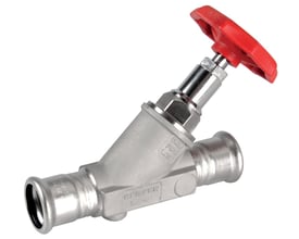 Kemper Niro fristrømsventil i rustfrit stål med 28 mm tilslutning og rød betjeningshåndtag.