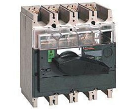 Schneider Electric lastafbryder INV630, 3-polet, 630A, med sort drejehåndtag i 'OFF'-position og synlig pause.