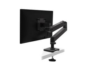 Sort ERGOTRON LX Pro monitorarm med gennemføringsbeslag, monteret på et skrivebord og fastgjort til en skærm.