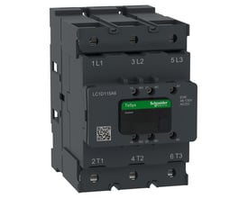Schneider Electric TeSys Deca Advanced kontaktor, 3-polet med 115A AC3/3e rating og 48-130V AC/DC spole, vist på hvid baggrund.
