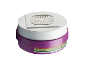 Honeywell Safety Products Sperian ABEK1P3-twin-filter til åndedrætsværn med lilla filterhus og hvidt låg, set skråt forfra.