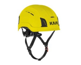 Gul Kask Zenith X Max Air-sikkerhedshjelm set skråt forfra med sort hagerem og justerbare stropper, til hovedstørrelser 60–66 cm.