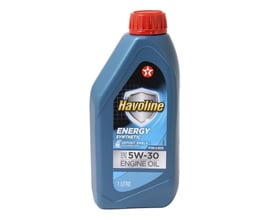 Blå 1-liters flaske med Havoline Energy 5W-30 syntetisk motorolie og rødt skruelåg, med tydeligt logo og specifikationer.