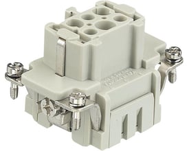 Detaljeret vinkel af Harting HAN 6 B fatningsindsatsen, der viser de 6 huller til ledninger og fjederklemmeteknologi.