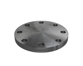 Visuel repræsentation af en Indura blindflange i stål med 8 bolthuller, 139,7 mm diameter, PN40, med Indura logo tydeligt vist.