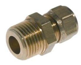 VSH kompressions overgang med 1/4" nippel og 10 mm diameter i messing, klar til installation.