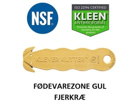 Klever NSF kniv i gul til fødevarer med certificeringer fra NSF og KLEEN Antimicrobial på hvid baggrund.