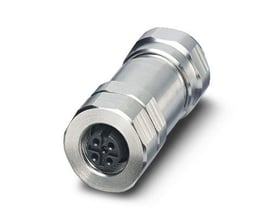 Phoenix Contact SACC-M12FS-5CON-DM 3-5 SH VA stik med 5 poler og metalhus, vist på hvid baggrund.