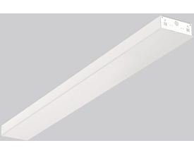 Hvidt, aflangt RZB Lumara-armatur på 40 W med 4950 lm og DALI-styring, set skråt fra enden.