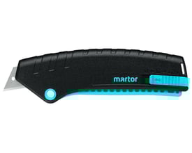 Martor Secunorm Mizar sikkerhedskniv med ergonomisk sort greb og skinnende stålklinge med automatisk tilbagetrækning.
