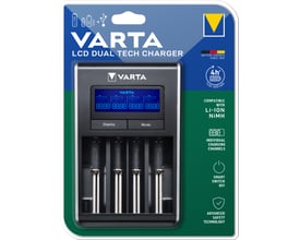 Varta LCD Dual Tech Charger oplader til Ni-MH AA/AAA og Li-Ion batterier, vist i sin emballage med tydelig produktinformation.