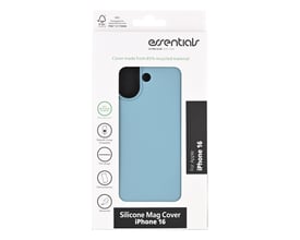 Emballagen viser et lyseblåt silikonecover med MagSafe til iPhone 16; teksten Essentials står øverst.