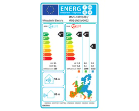 Energimærke for Mitsubishi Electric MSZ-LN35VG2B varmepumpe med energiklasse A+++ for både køling og opvarmning, SEER 9,4 og SCOP 5,1.