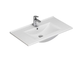 Dansani Amber porcelænsvask, 81 cm bred, med integreret hanehul og overløb, vist på hvid baggrund.