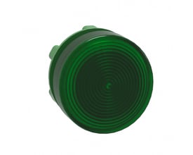 Front view af Schneider Electric grønt LED lampehoved med riflet linse, 22mm diameter, isoleret på hvid baggrund.