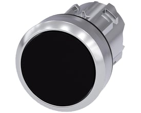 Siemens 22mm trykknap i metal med flad, sort betjeningsknap og låsemekanisme.