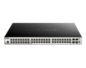 Sort D-Link DGS-1510-52XMP smart managed switch set forfra med 48 Gigabit-porte og fire SFP+-porte.