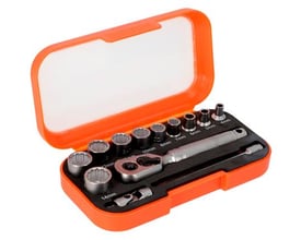 Bahco 1/4" topnøglesæt med 13 dele i orange opbevaringskasse. Indeholder tolvkanttoppe, skraldenøgle og forlænger.