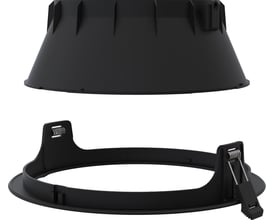 Ansell Lighting Comfort DL indbygningsspot tilbehør, sort reflektor og monteringsring med fjedermekanismer på hvid baggrund.