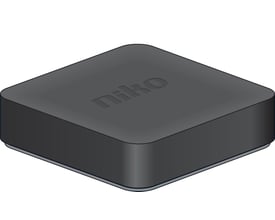 Illustration af en sort Niko Home Control trådløs smart-hub, der viser dens firkantede form med afrundede kanter.