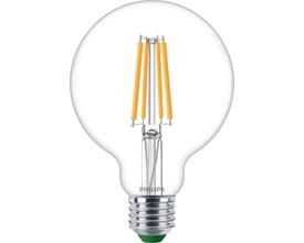 Philips Lighting klar standard LED-pære med E27 sokkel, 4W og 840lm. Pærens indre viser fire gule LED-filamenter.