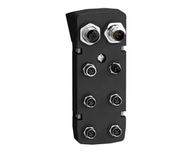 Schneider Electric LXM32I I/O modul med 4 logiske input og M8 konnektorer, samt 2 M12 konnektorer til busforbindelse.