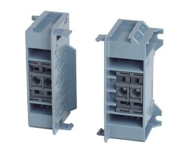 ABB Smissline TP endestykker sæt med venstre og højre komponent i grå plast på hvid baggrund.