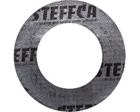Flangepakning i grafit med stålindlæg, 70-35 mm og PN 40, set forfra med mørk overflade og trykt mærkning.