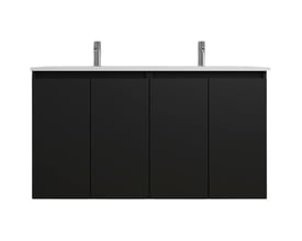 Sanibell Online møbelsæt i matsort 121 cm bredt med dobbelt porcelænsvask og fire grebsfrie softclose låger.