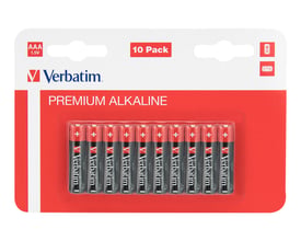 Verbatim AAA alkaline batterier 10 stk pakke med sort design og rød baggrund, 1.5V.