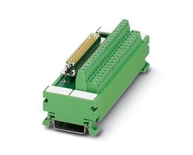Phoenix Contact UM 45-D 9SUB/B MOD.VARIOF. interface-modul med grønne tilslutningsklemmer og metalfarvet D-sub-stik.
