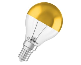 Ledvance LED-kronepære med E14-fatning, klar glaskolbe og guldfarvet topforspejling, set skråt forfra.