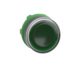 Isoleret grøn trykknap fra Schneider Electric med blank sølvring, vist fra siden på hvid baggrund.