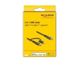 Delock 2-i-1 USB-C til USB-C/Lightning kabel, 1 meter sort, vist på gul emballage med produktillustration.