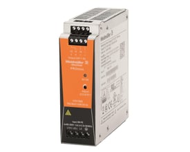 Weidmüller PROmax strømforsyning 120W, 24VDC, 5A set fra siden med produktinformation og CE-mærker.