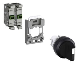 ABB drejeomskifter M3SS2-40B-20 komponenter med grå kontaktblok, monteringsramme og sort drejeknap.