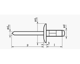 Teknisk tegning af blindnitte 4,8x18 mm med ekstra stort hoved og dimensioner angivet.