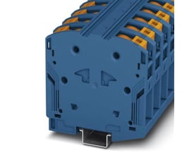 Detaljebillede af den blå Phoenix Contact PTPOWER stærkstrømsklemme, 95mm², der viser den samlede række af klemmer og deres funktionelle design.