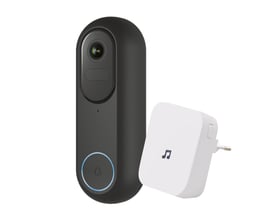 Foss Europe FESH smart videodørklokke med lydgiver i sort og hvid, vist samlet med kameraenhed og lydgiver.
