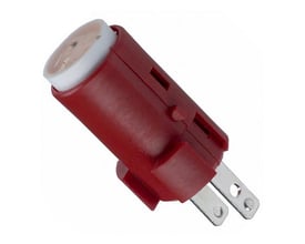 Omron A16-24DR LED i rød plast med 24 VDC spænding og tydelige metalterminaler.