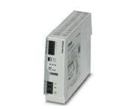 Sidevisning af Phoenix Contact TRIO POWER DC strømforsyning, 24V DC, 10A, med detaljeret mærkning og kølefinner.