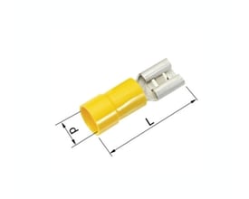 Isoleret spademuffe fra Elpress med gul isolering, viser mål 'd' og 'L' for dimensioner.