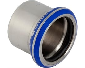 Geberit Mapress rustfri 15 mm slutmuffe med to blå markeringer, lavet af slidstærkt stål til VVS-installationer.
