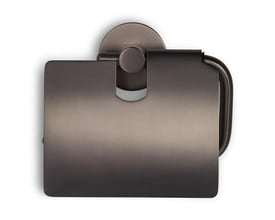 Elegant toiletrulleholder med låg i gun metal finish, vist forfra med tydeligt synlig låsemekanisme.