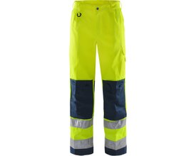 Kansas HI VIS bukser KL2 2001 i gul og marineblå med reflekser, viser fronten med flere lommer og knæforstærkninger.