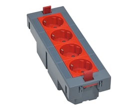 Legrand gulvboks kassette med 4 røde Schuko stikkontakter og grå kabinet, horisontal montering med klik-låse.